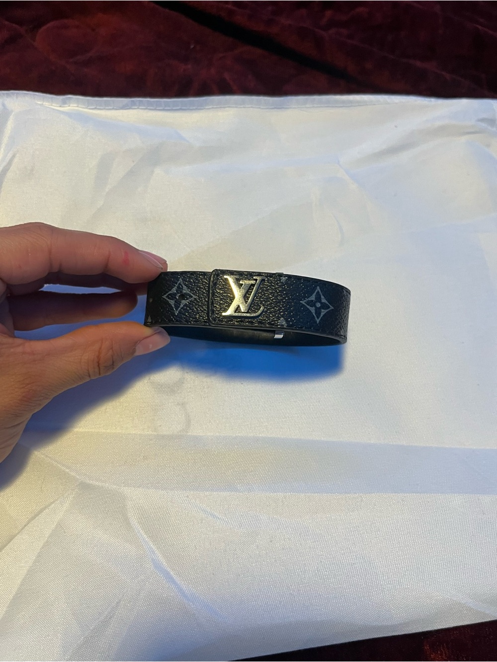Louis Vuitton Black Monogram Cuff Link Bracelet with Silver LV Accent